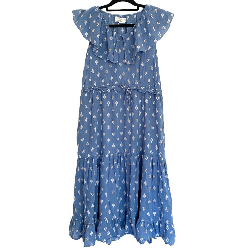 TROVATA Birds of Paradise Floral Ruffled Tiered Long Maxi Dress Pockets Blue XS